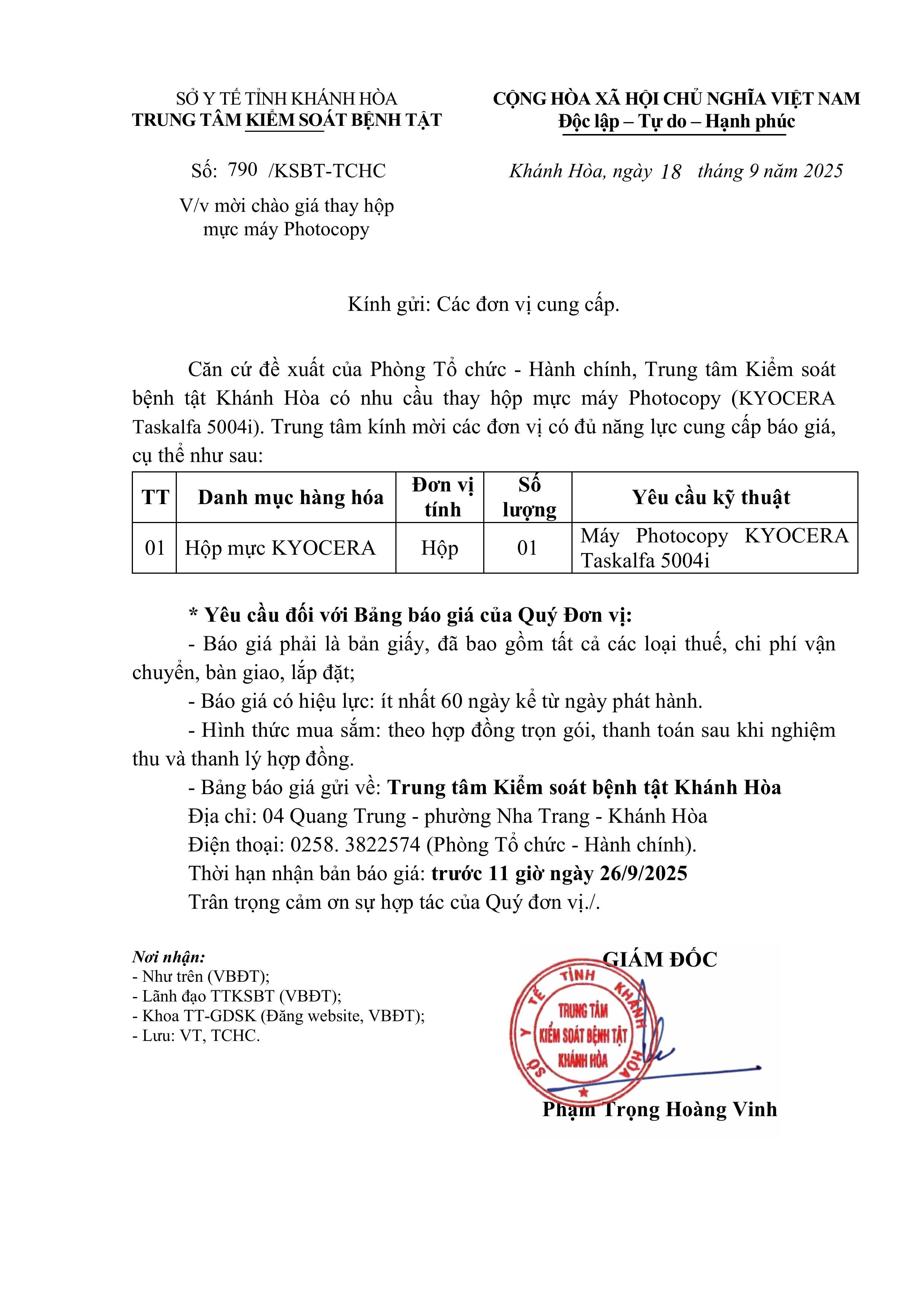 V/v mời chào giá thay hộp mực máy Photocopy